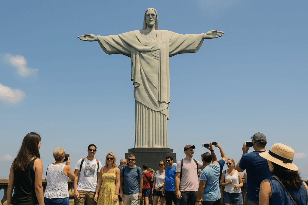 Menschen auf der Plattform mit Blick zur Statue