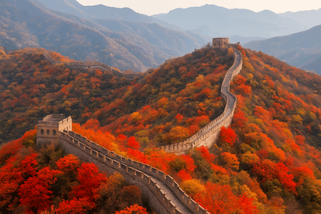 Mutianyu aus der Luft betrachtet – ein leuchtender Herbstblick auf die Große Mauer