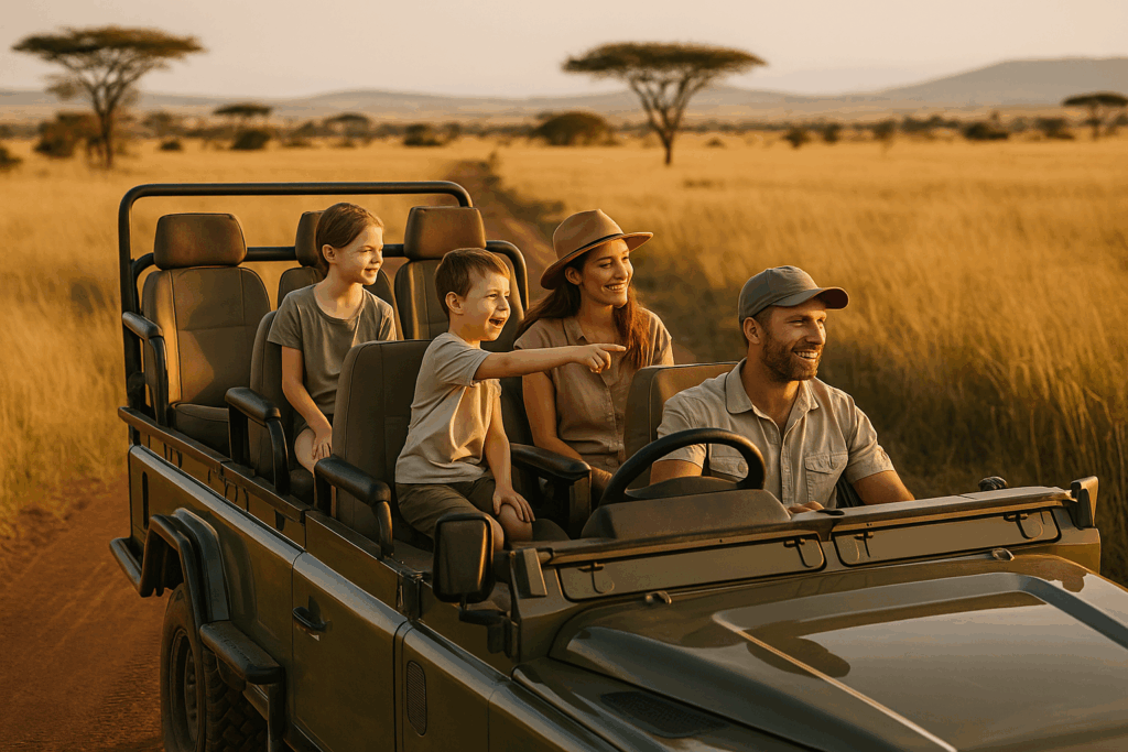 Safari mit Kindern in Südafrika - eine Familie beobachtet Tiere in der Savanne