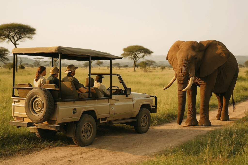 Safariabend in der Savanne mit Geländewagen im Sonnenuntergang