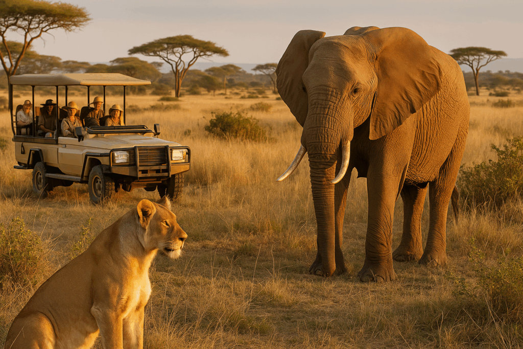 Sonnenuntergang über der afrikanischen Savanne mit sanften Lichtstimmungen und weiter Landschaft