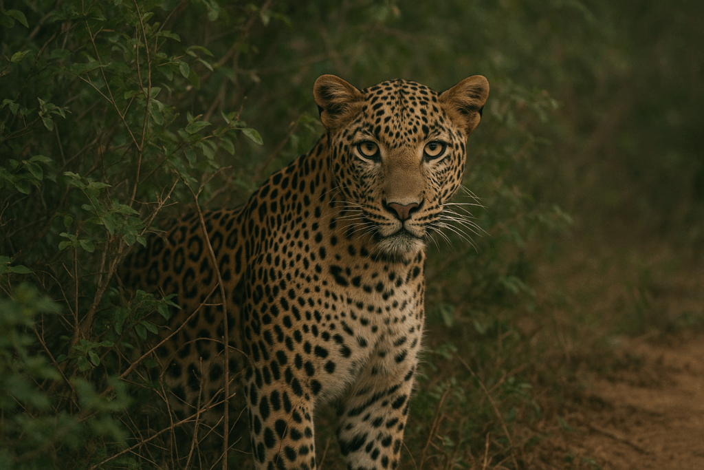 Ein Leopard beobachtet die Umgebung aus dem hohen Gras, während ein Safari-Jeep im Hintergrund wartet. Die Szene wirkt ruhig und angespannt zugleich.