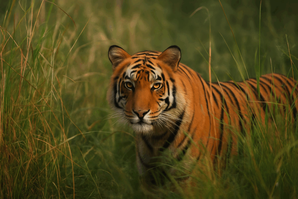 Ein Bengal-Tiger liegt halb verdeckt im hohen Gras und blickt aufmerksam zur Seite. Die Szene wirkt natürlich, wild und spannungsgeladen.