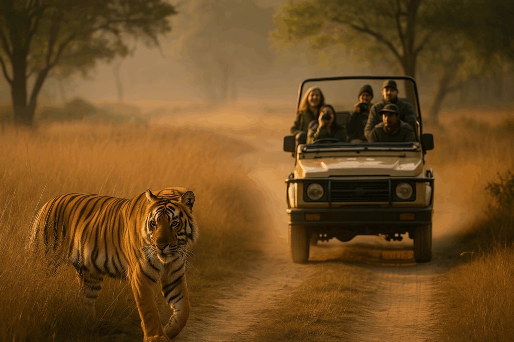 Tiger-Safari Indien - Ein nebliger Dschungelpfad im Morgengrauen. Im Hintergrund steht ein offener Jeep zwischen hohen Bäumen.