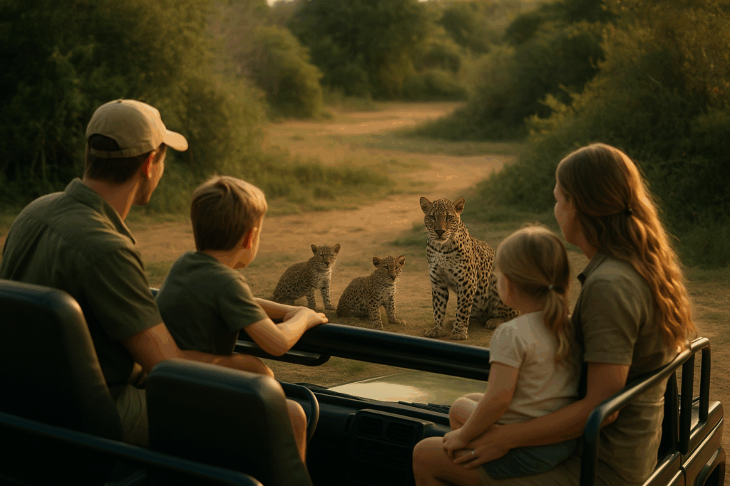 Zwei Safari-Gäste blicken aus einem offenen Jeep in die Weite des Yala Nationalparks. Die Szene ist ruhig, das Licht weich und die Umgebung weit und unberührt.