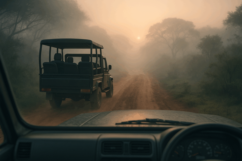 Safari-Morgen im Yala Nationalpark – ein Jeep fährt über einen staubigen Weg durch trockenes Buschland, während die Sonne langsam aufgeht.