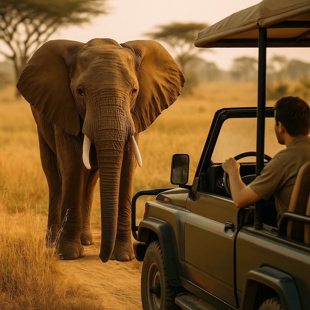 Tiger-Safari Indien - Ein neugieriger Elefant steht dicht vor einem Safari-Jeep und beobachtet die Gäste aufmerksam